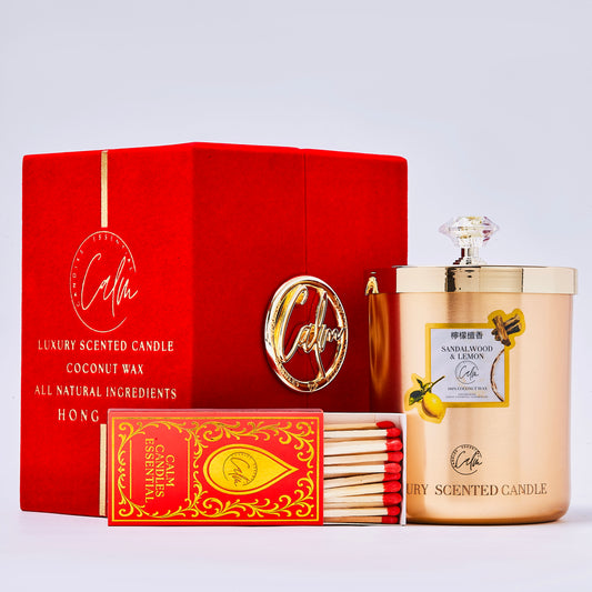 Calm Candles Essential – Sandalwood & Lemon Metal Gold Velvet Collection  | Made with Premium Coconut Wax & Cherry Wooden Wick