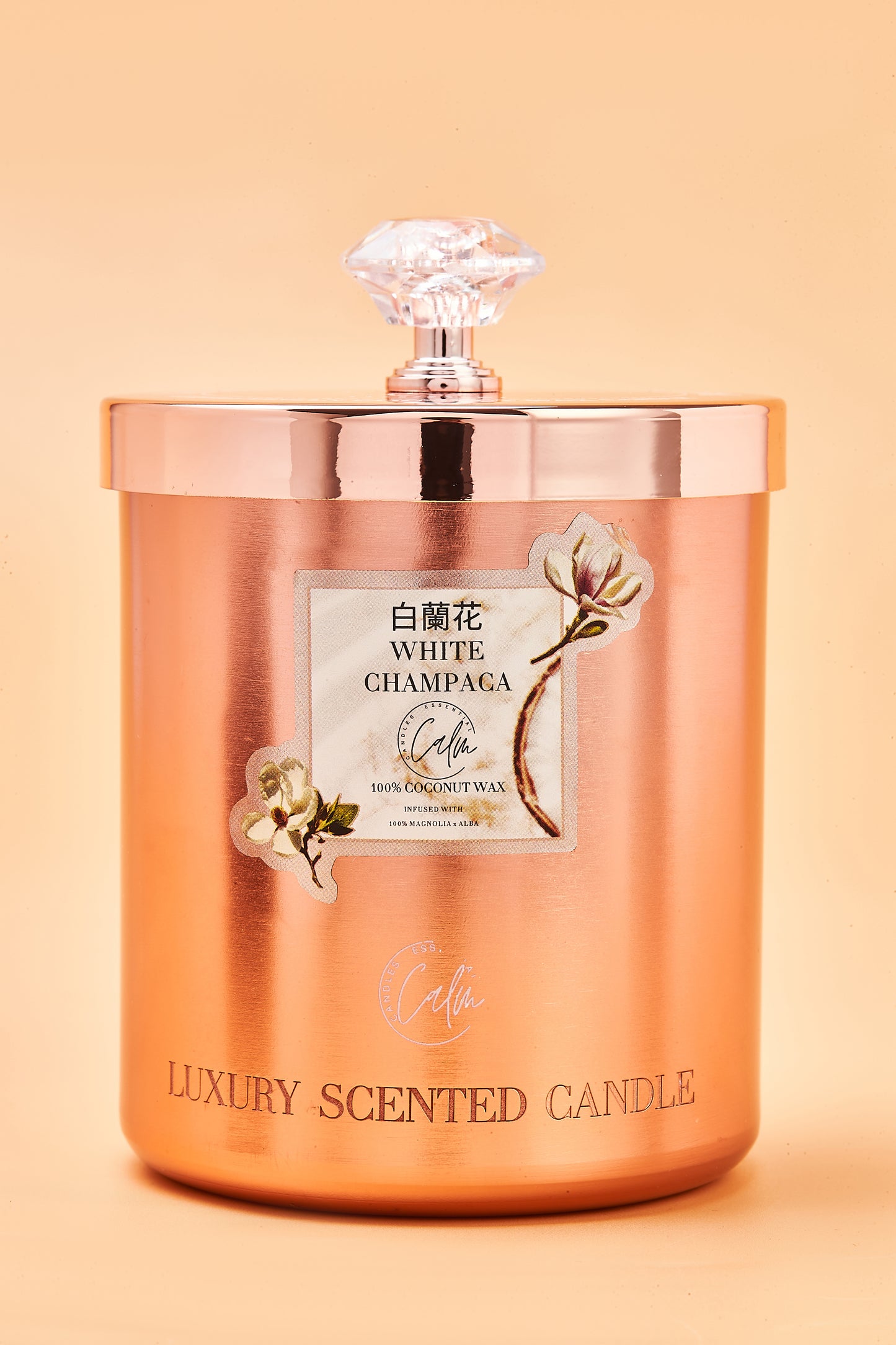 Calm Candles Essential – White Champaca Rose Gold Velvet Collection | Made with Premium Coconut Wax & Cherry Wooden Wick