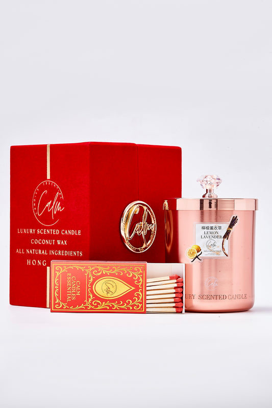 Calm Candles Essential – Lemon & Lavender Rose Gold Velvet Collection | Made with Premium Coconut Wax & Cherry Wooden Wick