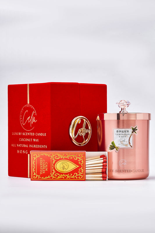 Calm Candles Essential – Lemongrass & Sage Rose Gold Metal Velvet Collection | Made with Premium Coconut Wax & Cherry Wooden Wick