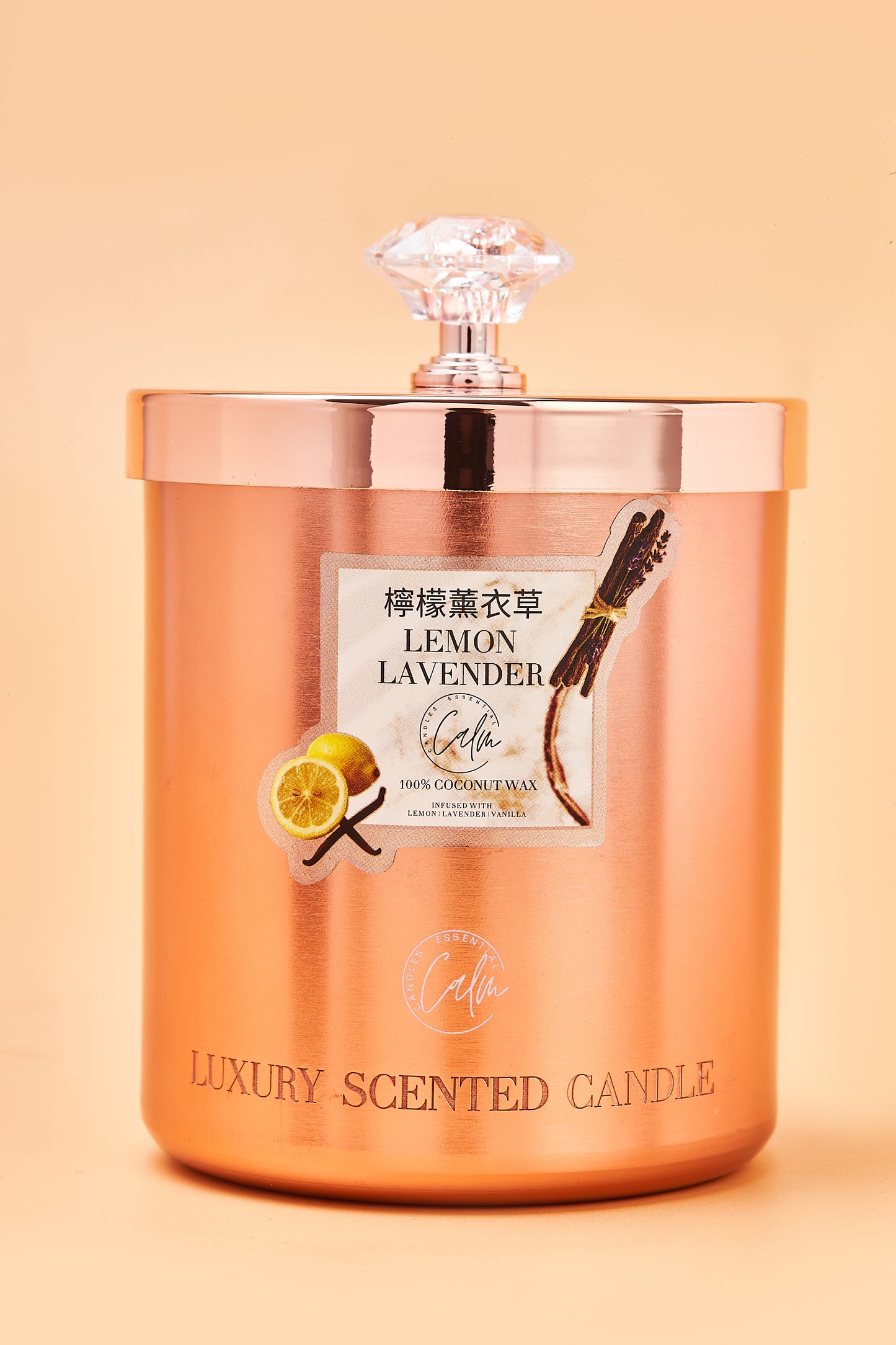Calm Candles Essential – Lemon & Lavender Rose Gold Velvet Collection | Made with Premium Coconut Wax & Cherry Wooden Wick