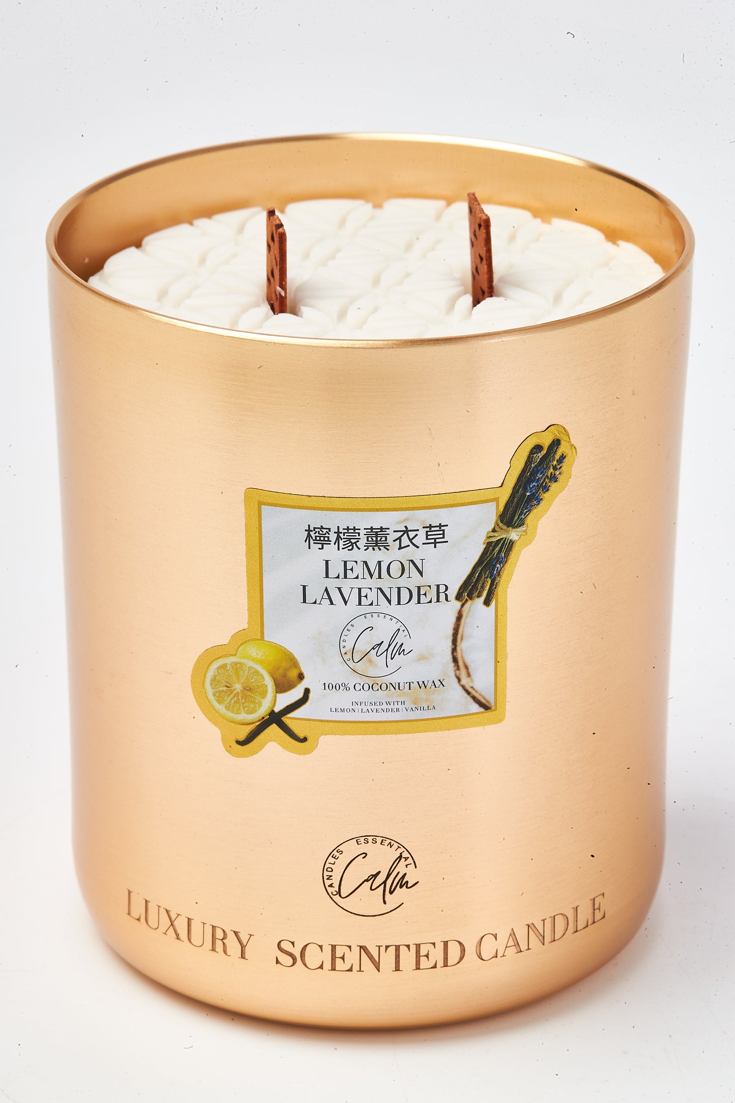 Calm Candles Essential – Lemon & Lavender Metal Gold Velvet Collection | Made with Premium Coconut Wax & Cherry Wooden Wick