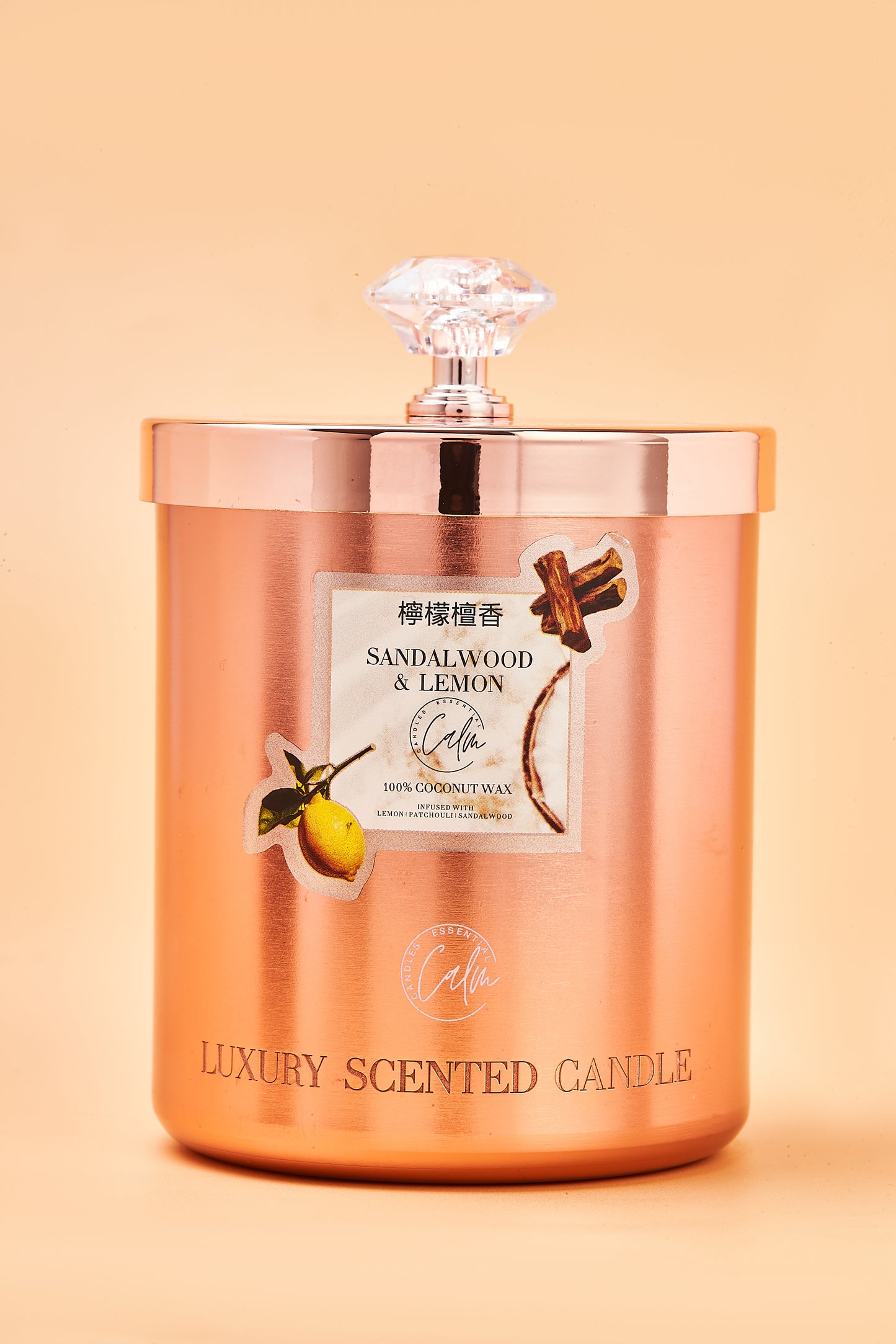 Calm Candles Essential – Sandalwood & Lemon Rose Gold Velvet Collection | Made with Premium Coconut Wax & Cherry Wooden Wick
