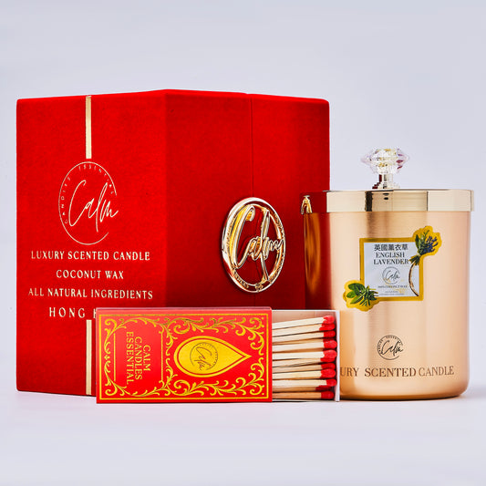 Calm Candles Essential – English Lavender Gold Metal Velvet Collection | Made with Premium Coconut Wax & Cherry Wooden Wick