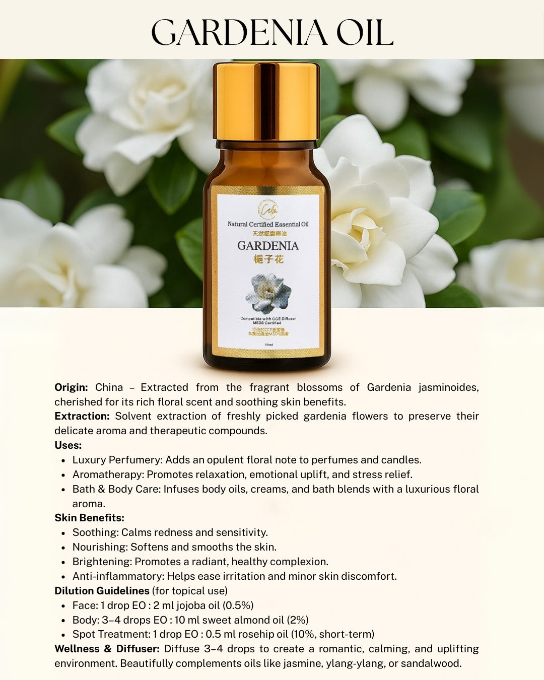 Calm Candles Essential - Gardenia Essential Oil 10ml – Pure Floral Aromatherapy for Anxiety Relief, Sleep & Mood Boost | Diffuser-Ready