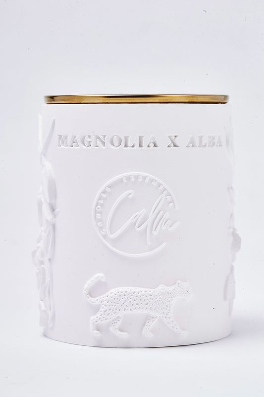 Magnolia x Alba Scented Coconut Wax Candle in Porcelain Jar – 8oz infused with Magnolia x Alba (White Champaca) Vegan Candle with Wood Wick | Calm Candles Essential