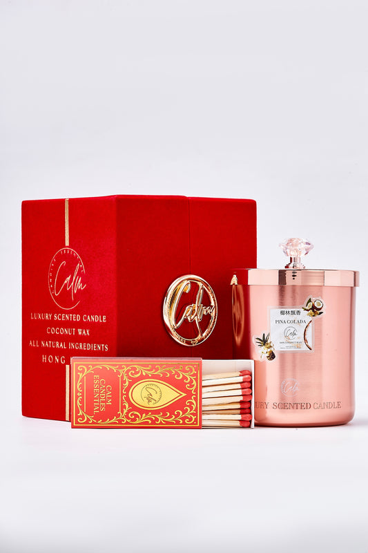 Calm Candles Essential – Piña Colada Rose Gold Velvet Collection |  Made with Premium Coconut Wax & Cherry Wooden Wick
