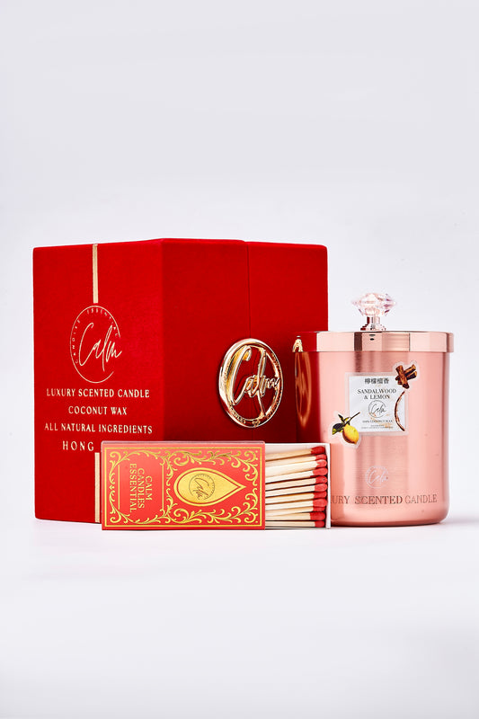 Calm Candles Essential – Sandalwood & Lemon Rose Gold Velvet Collection  | Made with Premium Coconut Wax & Cherry Wooden Wick