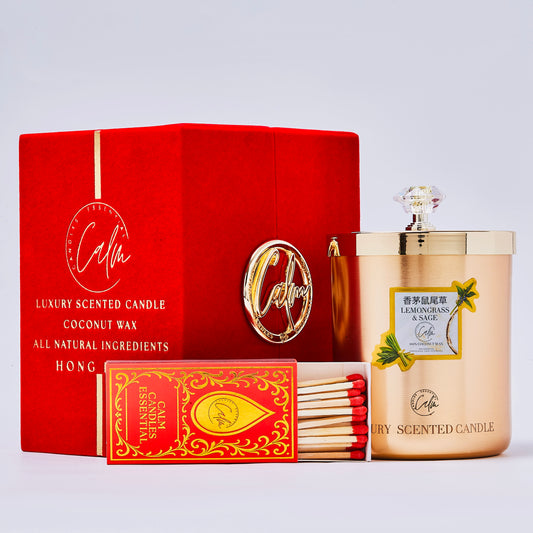 Calm Candles Essential – Lemongrass & Sage Gold Metal Velvet Collection | Made with Premium Coconut Wax & Cherry Wooden Wick