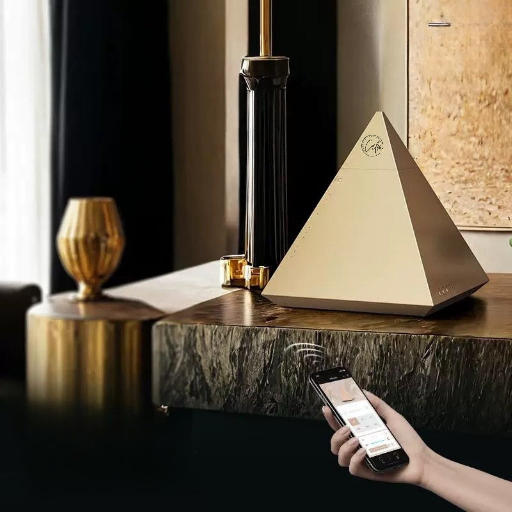Gold Matte Ultrasonic Pyramid Aroma Diffuser – Red Dot Award-Winning Design | App-Controlled LED & Free 150 ml Oil