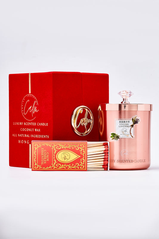 Calm Candles Essential – 11oz / 350ml English Lavender Rose Gold Metal Velvet Collection | Made with Premium Coconut Wax & Cherry Wooden Wick