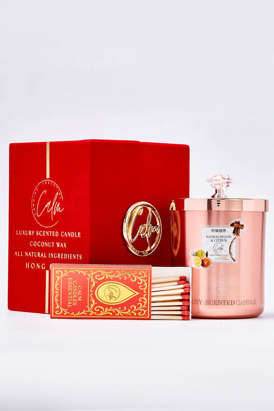 Calm Candles Essential – Sandalwood & Citrus Rose Gold Velvet Collection (11oz / 350ml)  | Made with Premium Coconut Wax & Cherry Wooden Wick