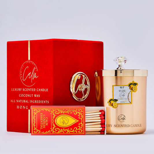 Calm Candles Essential – Yuzu & Guavaberry Metal Gold Velvet Collection  | Made with Premium Coconut Wax & Cherry Wooden Wick