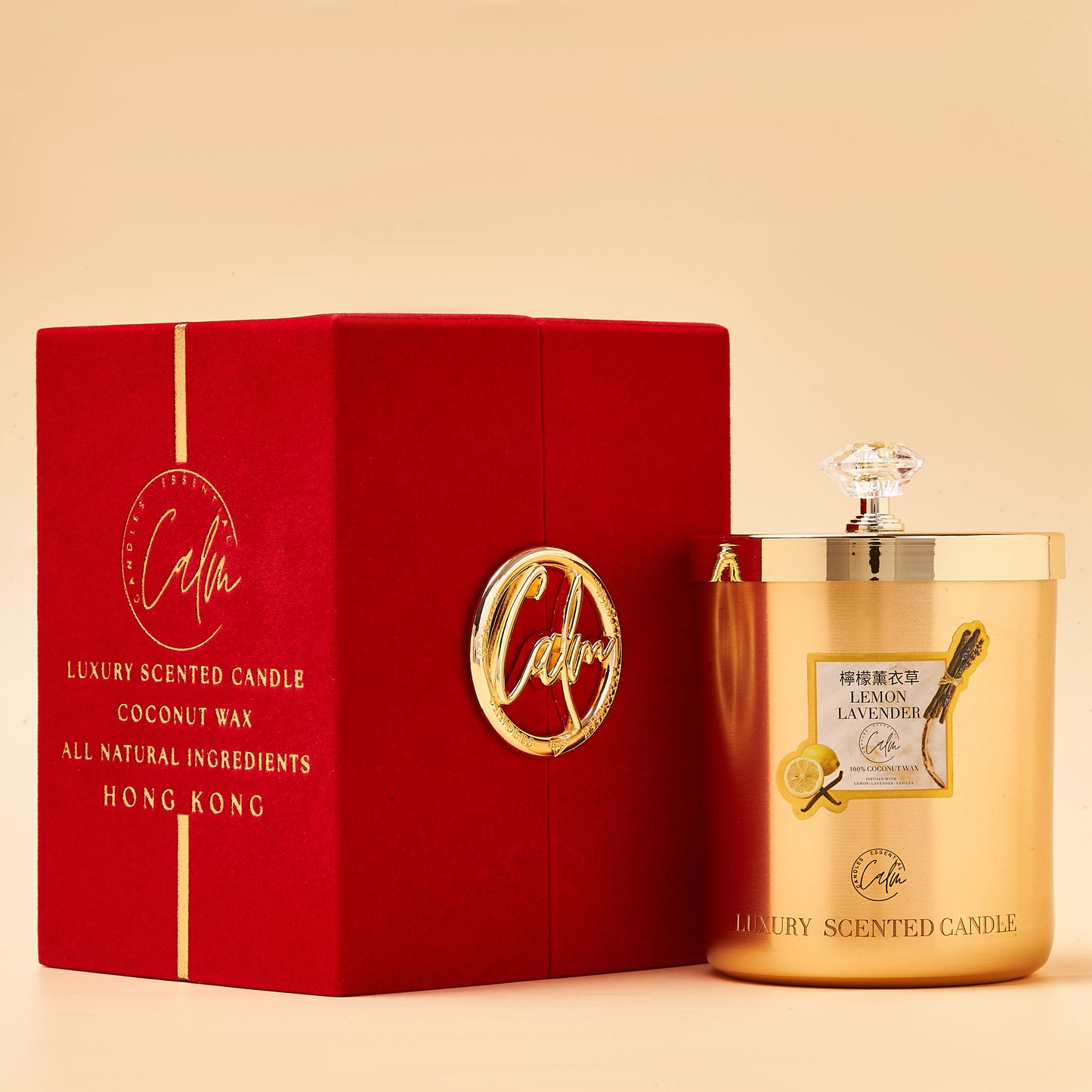 Calm Candles Essential – Lemon & Lavender Metal Gold Velvet Collection | Made with Premium Coconut Wax & Cherry Wooden Wick