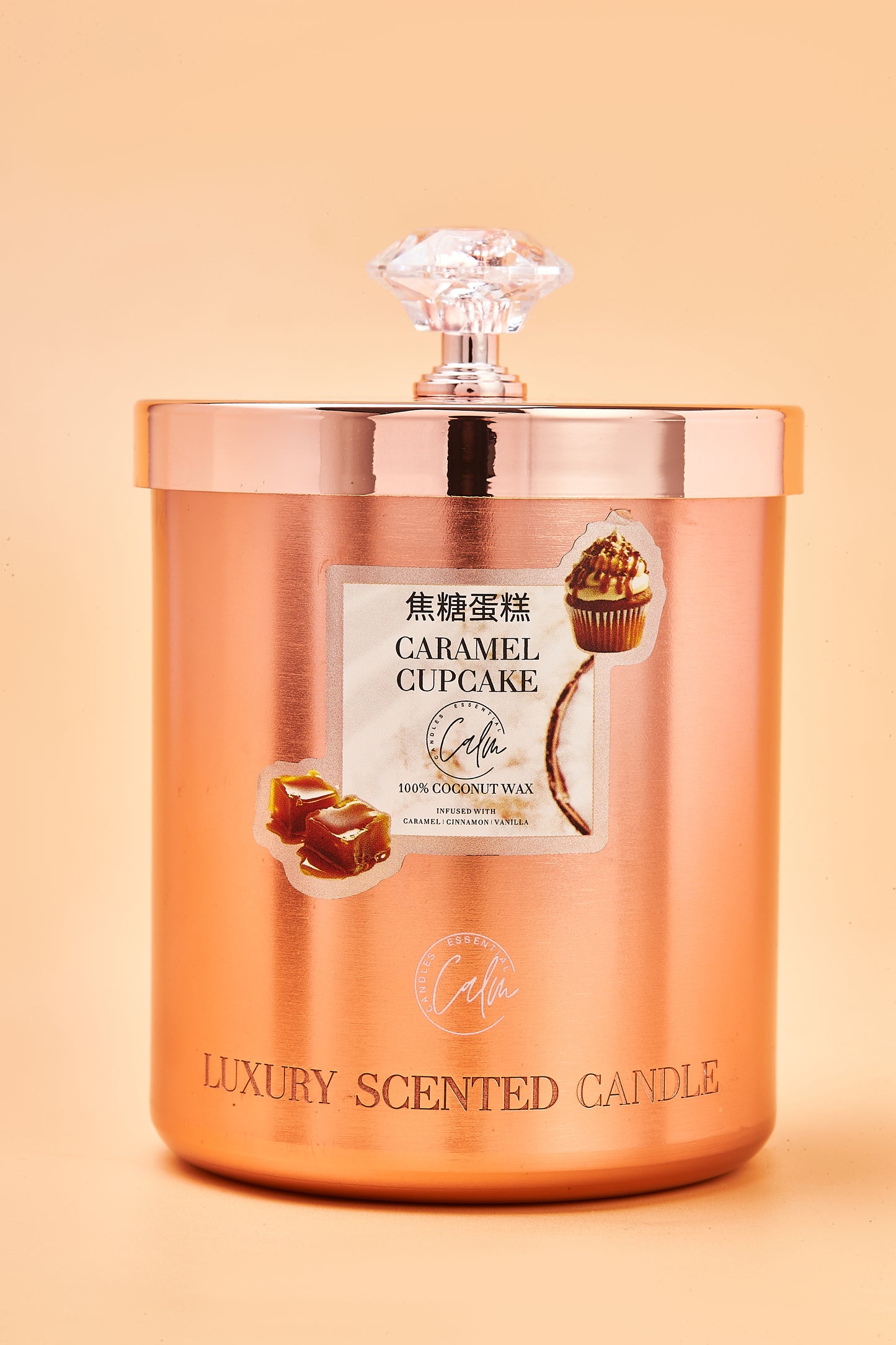 Calm Candles Essential – Caramel Cupcake Rose Gold Velvet Collection | Made with Premium Coconut Wax & Cherry Wooden Wick