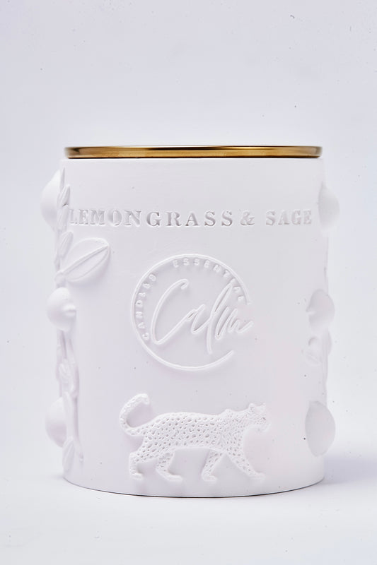 Lemongrass & Sage Scented Coconut Wax Candle in Porcelain Jar – 8oz infused with lemongrass, sage and fougere Vegan Candle with Wood Wick | Calm Candles Essential