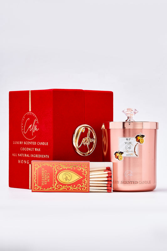 Calm Candles Essential – Yuzu Rose Gold Velvet Collection | Made with Premium Coconut Wax & Cherry Wooden Wick