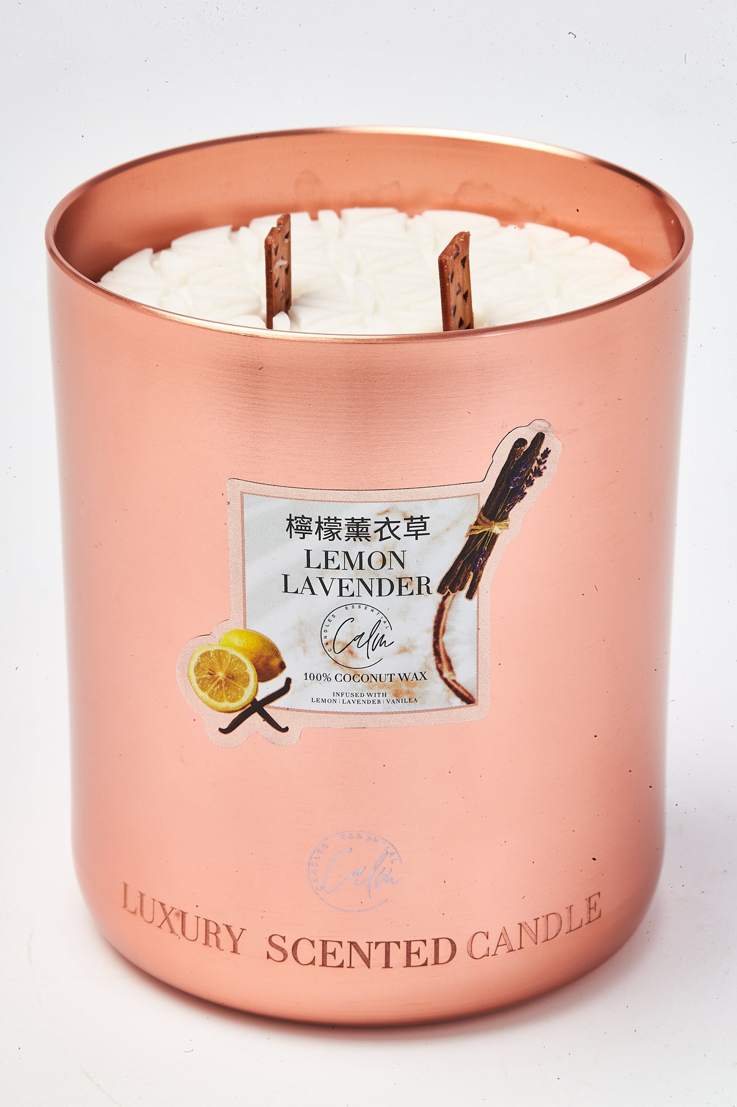 Calm Candles Essential – Lemon & Lavender Metal Gold Velvet Collection | Made with Premium Coconut Wax & Cherry Wooden Wick