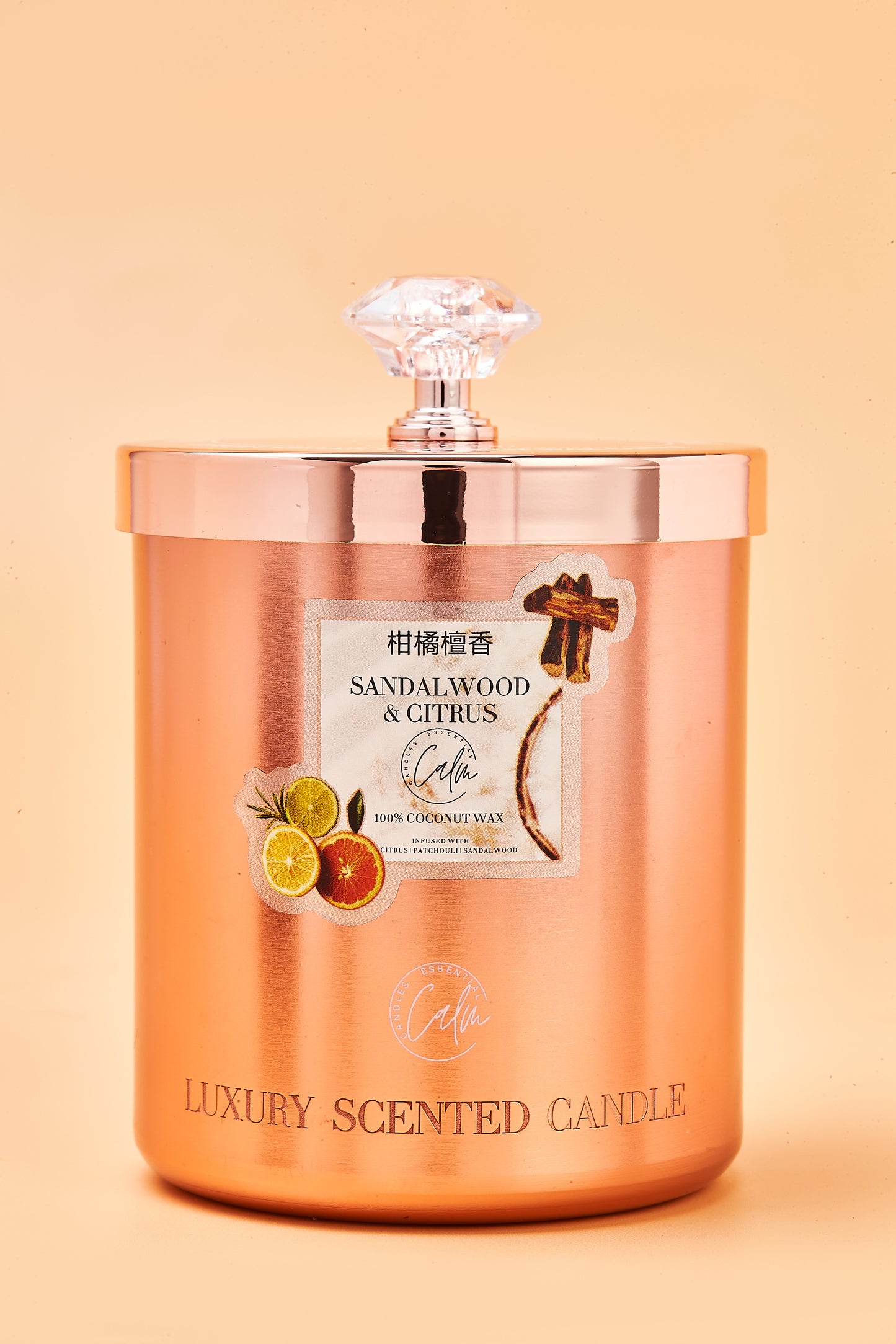 Calm Candles Essential – Sandalwood & Citrus Rose Gold Velvet Collection (11oz / 350ml) | Made with Premium Coconut Wax & Cherry Wooden Wick