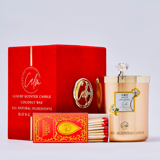 Calm Candles Essential – White Champaca  Gold Velvet Collection | Made with Premium Coconut Wax & Cherry Wooden Wick