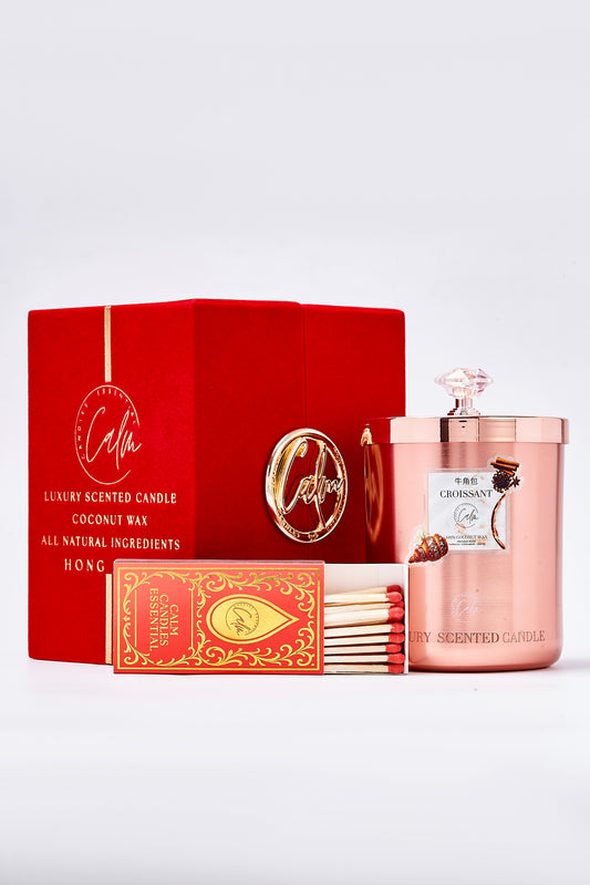 Calm Candles Essential – Croissant Rose Gold Velvet Collection (11oz / 350ml)  | Made with Premium Coconut Wax & Cherry Wooden Wick