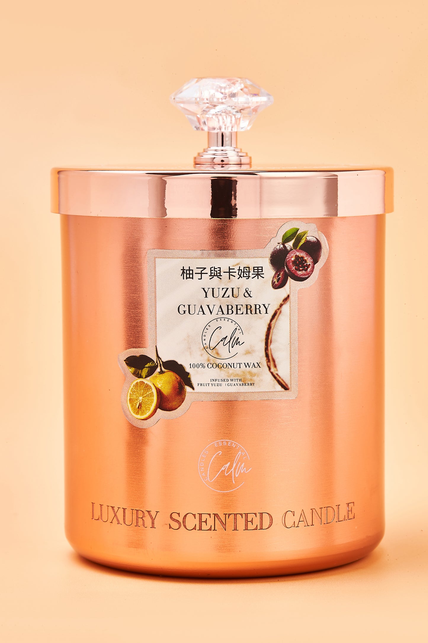 Calm Candles Essential – Yuzu & Guavaberry Rose Gold Velvet Collection | Made with Premium Coconut Wax & Cherry Wooden Wick