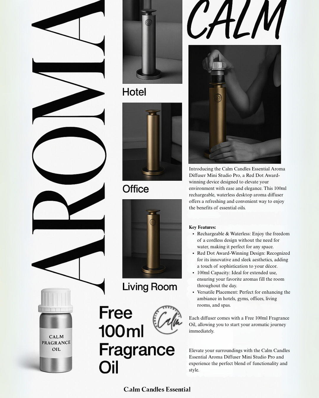 Calm Candles Essential Aroma Diffuser Mini Studio Pro: Red Dot Award-Winning Waterless Air Cordless Diffuser with Free 100ml Fragrance Oil - Type C (10,000 mah)