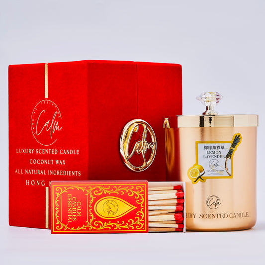 Calm Candles Essential – Lemon & Lavender Metal Gold Velvet Collection | Made with Premium Coconut Wax & Cherry Wooden Wick