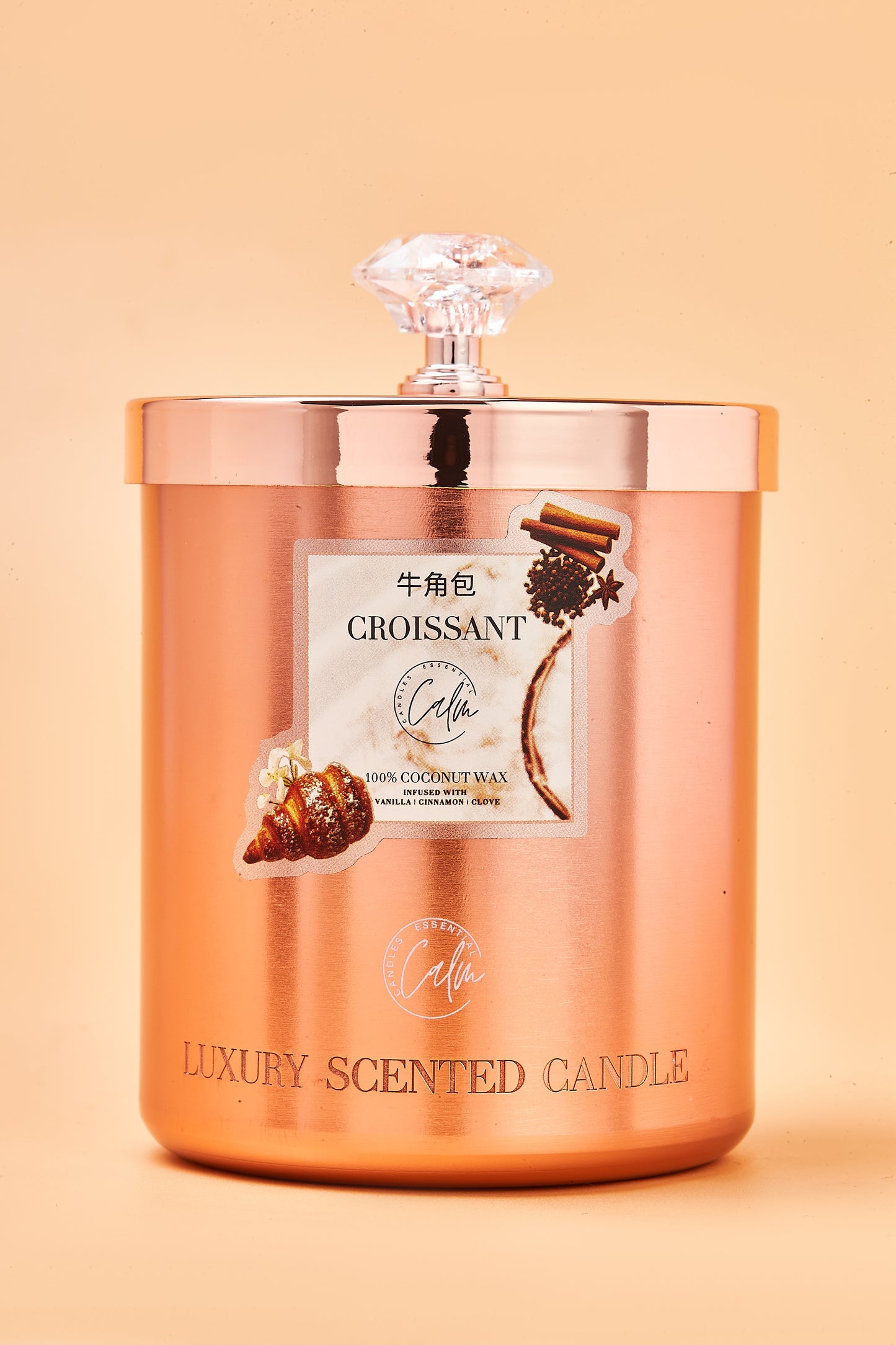 Calm Candles Essential – Croissant Rose Gold Velvet Collection (11oz / 350ml) | Made with Premium Coconut Wax & Cherry Wooden Wick
