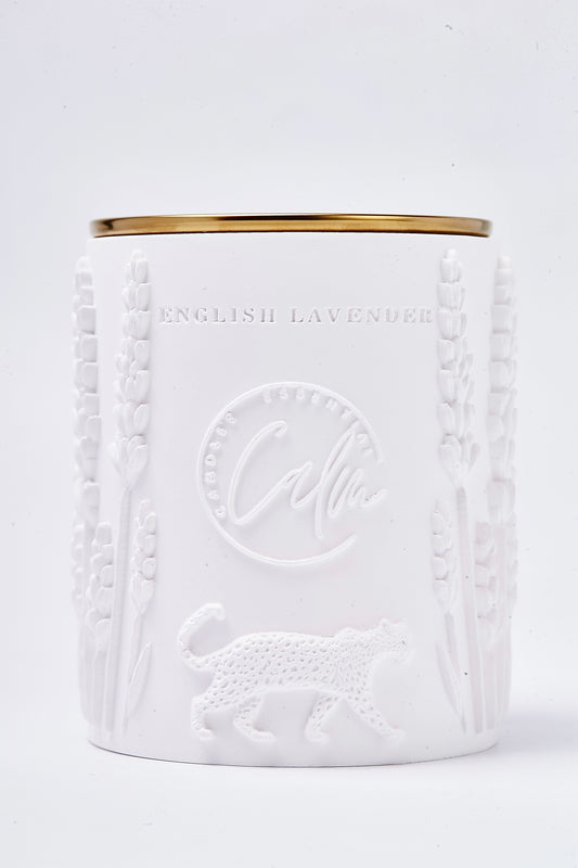 English Lavender Scented Coconut Wax Candle in Porcelain Jar – 8oz infused with lavender, patchouli, fougere Botanical Vegan Candle with Wood Wick | Calm Candles Essential