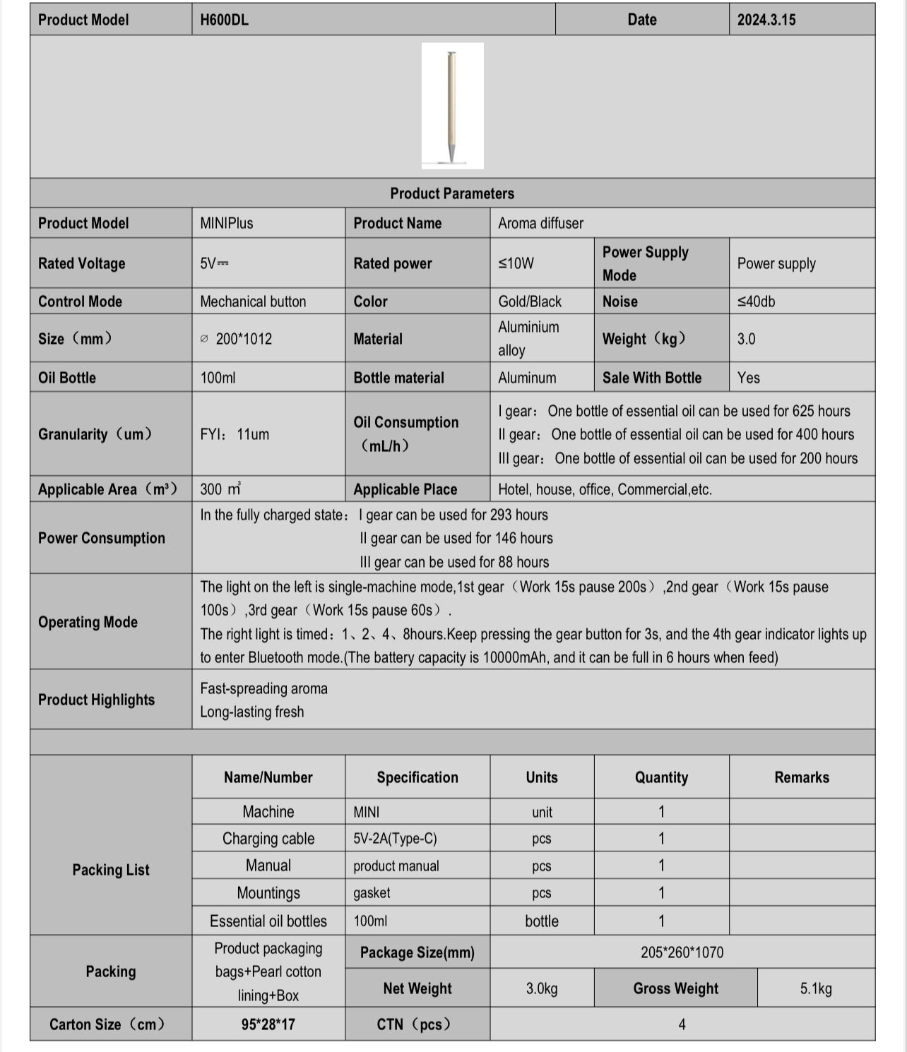 Calm Space 1000 - Free Fragrance & Stand (Industrial) Large Area Waterless Essential Oil Diffuser, Cordless Rechargeable Diffuser, Smart Bluetooth Diffuser, Luxury Wireless Aromatherapy Diffusers for Home, Office & Hotels, Champagne Gold- 10000 mah