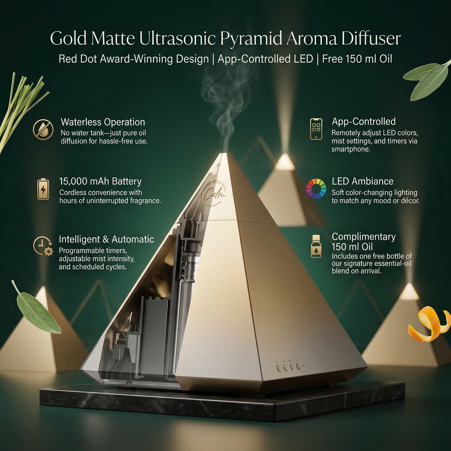 Gold Matte Ultrasonic Pyramid Aroma Diffuser – Red Dot Award-Winning Design | App-Controlled LED & Free 150 ml Oil