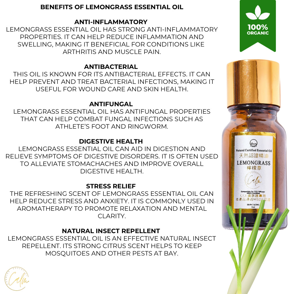 Calm Candles Essential - Lemongrass IFRA Certified Organic, Undiluted, Natural Essential Oil - Uplifting, Pure & Invigorating Aromatherapy - Revitalize Your Senses - Certified Quality for Holistic Wellness & Respiratory Support - 10ml