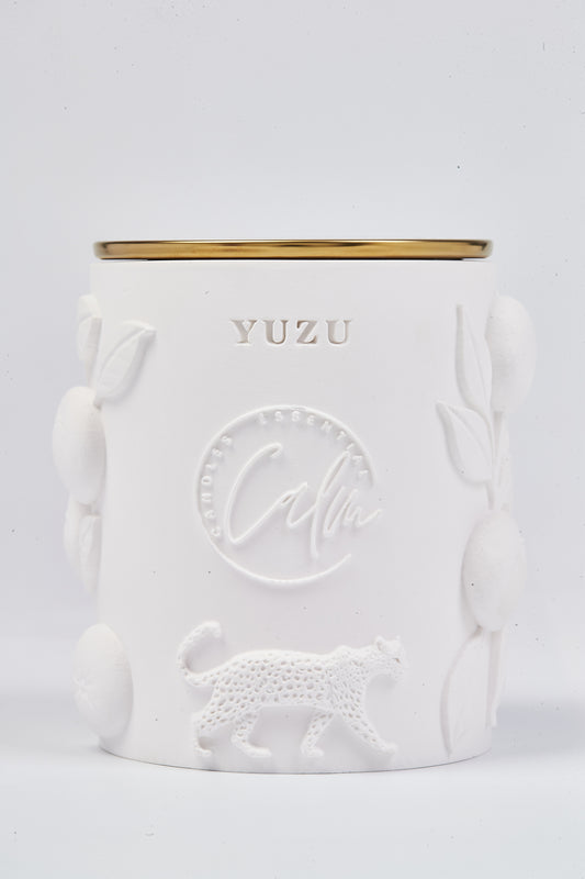 Yuzu Scented Coconut Wax Candle in White Porcelain Jar – 8oz Botanical Vegan Candle with Cherry Wood Wick | Calm Candles Essential