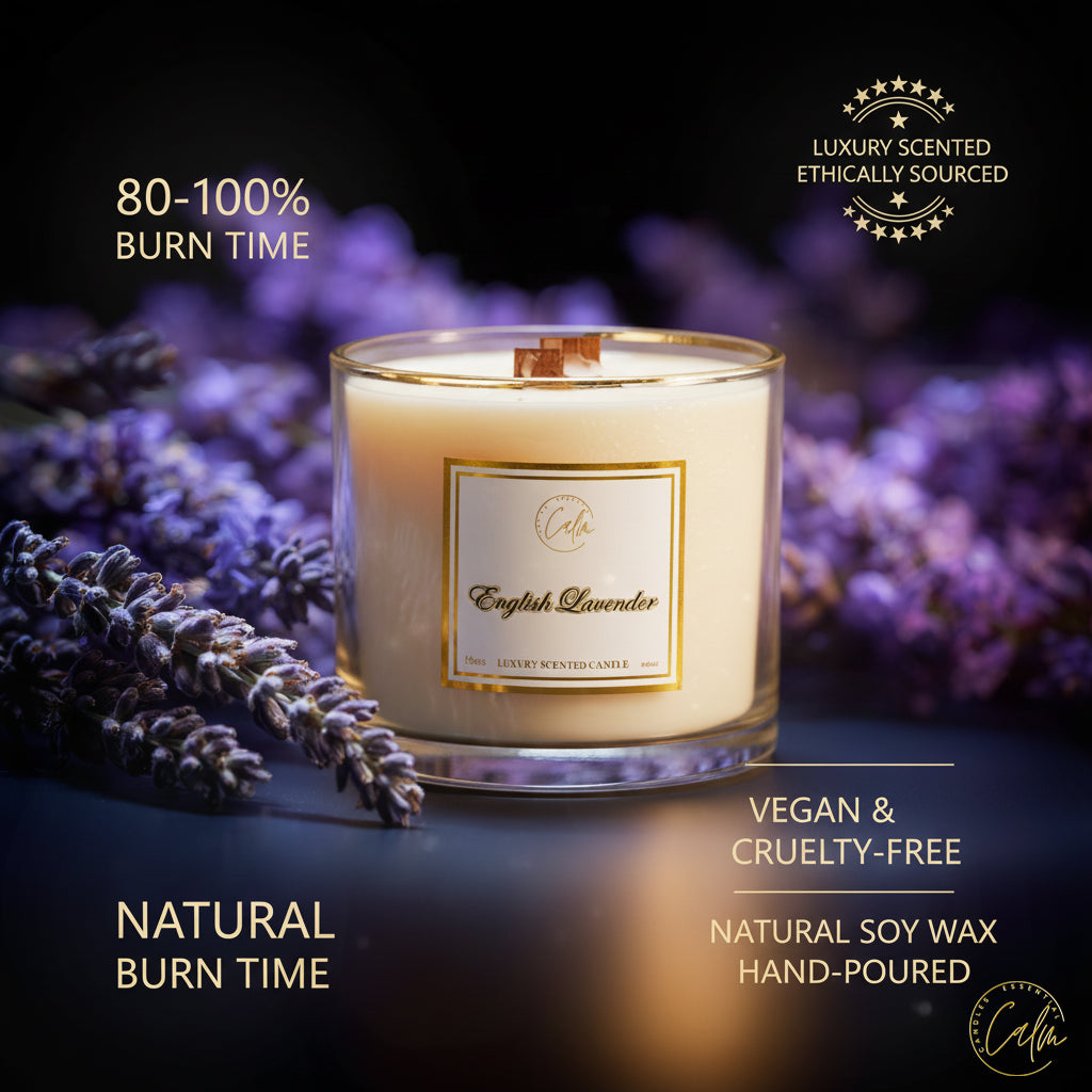 Calm Candles Essential - English Lavender Wooden Wicks Candle, Infused with Sage, Lavender, Fougère and Amber Essential Oil, for relaxing and calming effect Luxury Scented Soy Wax Jar Candle | Hand Poured | Highly Scented Long Lasting (15oz/445ml- XLarge)
