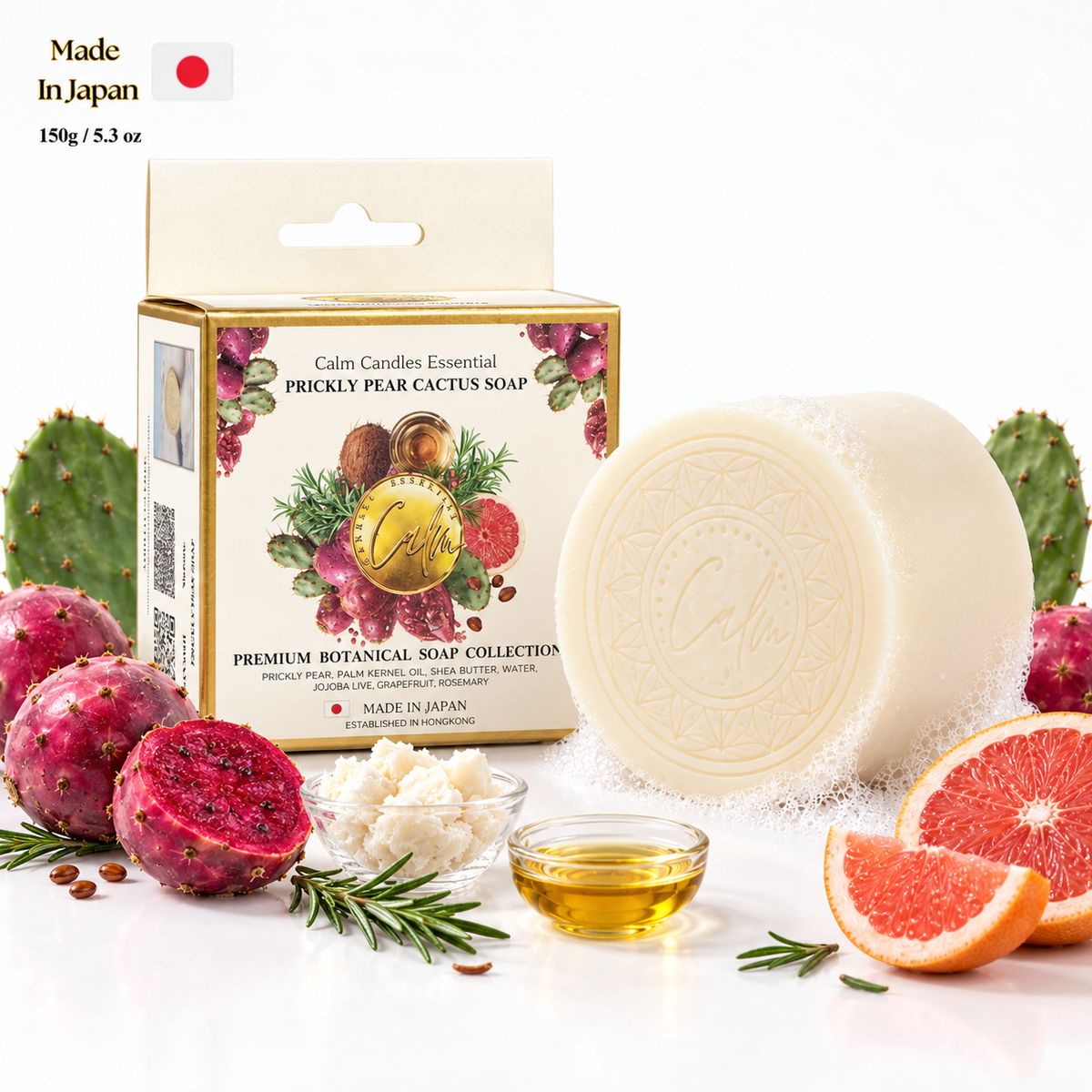 Calm Candles Essential Prickly Pear Cactus Cold-Pressed Soap, 150 g, Solid Face & Body Bar, Refreshing + Moisture-Nourishing, With Prickly Pear, Shea Butter, Jojoba Oil, Grapefruit & Rosemary, Made in Japan