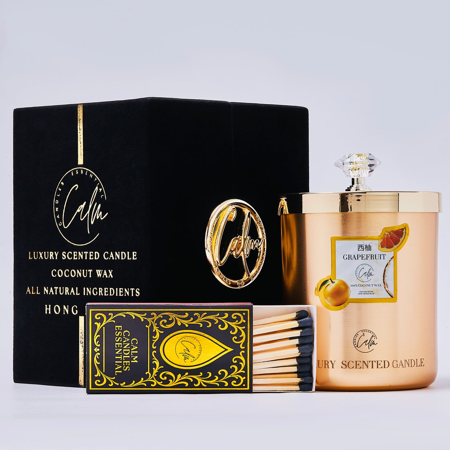 Calm Candles Essential – Grapefruit Gold Velvet Collection  | Made with Premium Coconut Wax & Cherry Wooden Wick