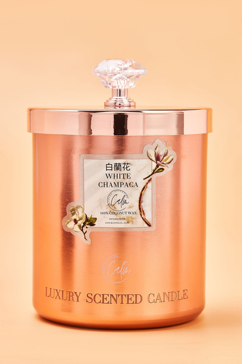 White Champaca Rose Gold Metallkerzen-Kollektion | Hergestellt mit hochwertigem Kokosnusswachs & Kirschholzdocht bis zu 60+ Stunden Brenndauer - Calm Candles Essential