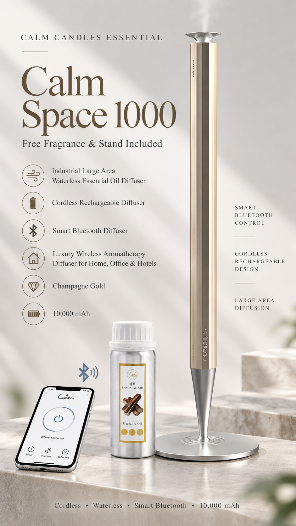Calm Space 1000 - Free Fragrance & Stand (Industrial) Large Area Waterless Essential Oil Diffuser, Cordless Rechargeable Diffuser, Smart Bluetooth Diffuser, Luxury Wireless Aromatherapy Diffusers for Home, Office & Hotels, Champagne Gold- 10000 mah