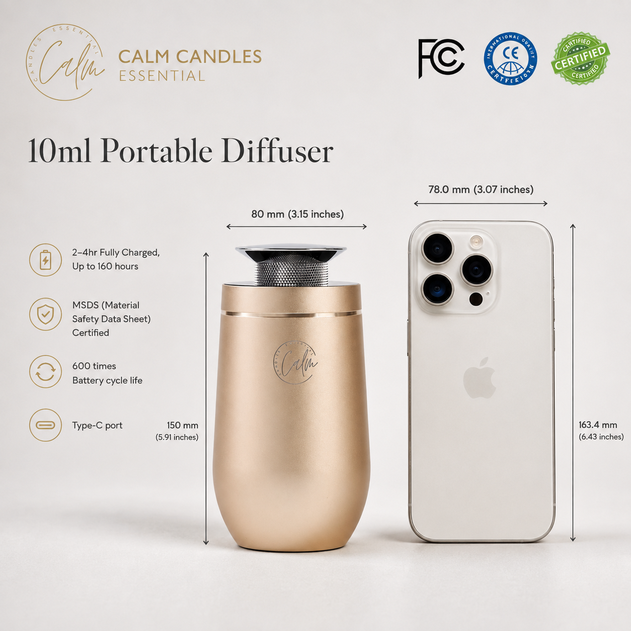 Calm Candles Essential | 10ml Cordless  Touch Screen Professional Grade Diffuser Waterless Rechargeable Portable Mini Essential Oil Car Aroma Diffuser without oil (2000mah,Gold)
