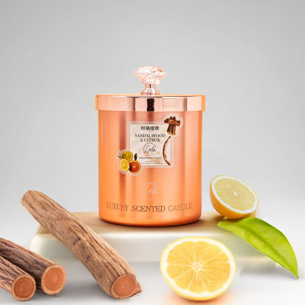 Calm Candles Essential – Sandalwood & Citrus Rose Gold Velvet Collection (11oz / 350ml)  | Made with Premium Coconut Wax & Cherry Wooden Wick