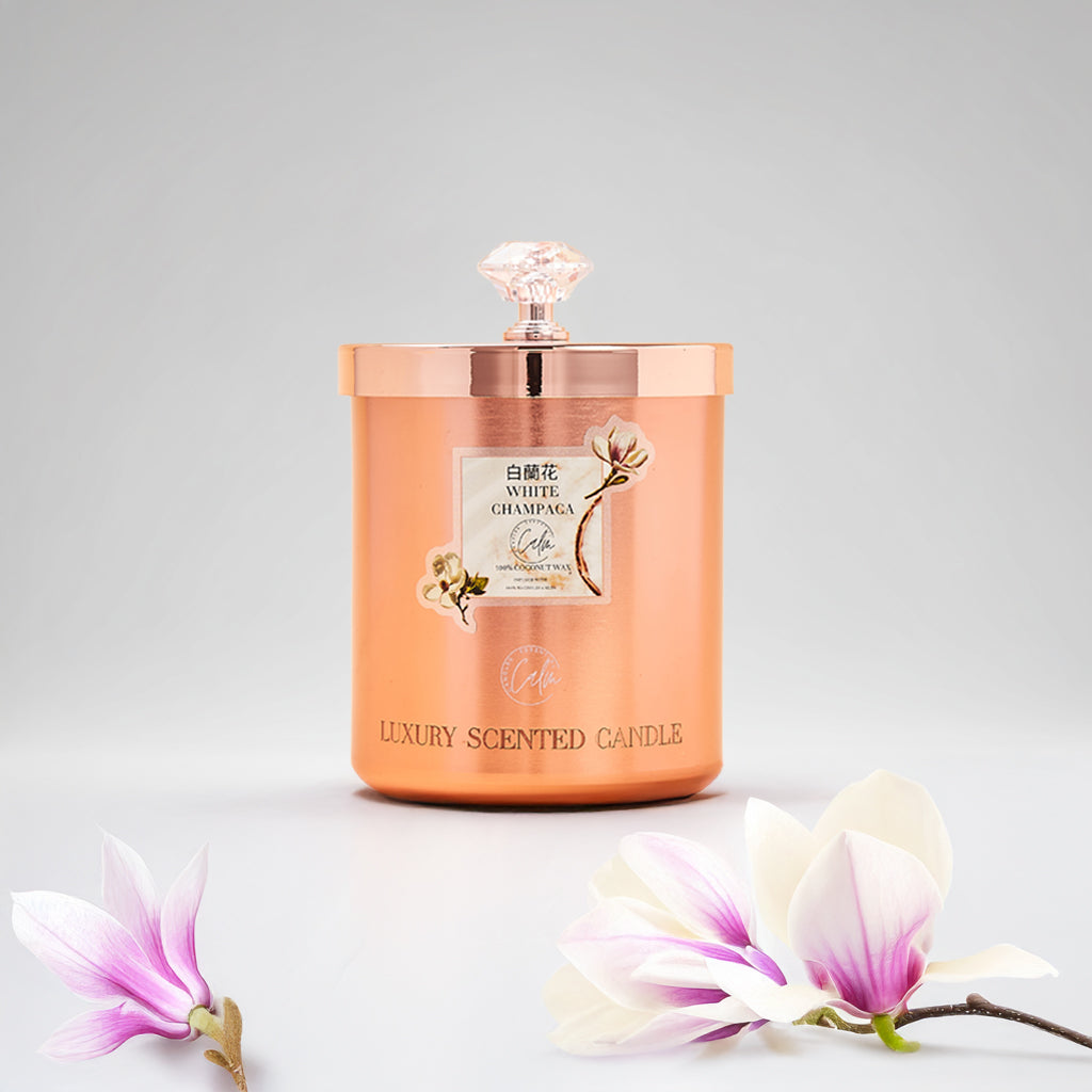 White Champaca Rose Gold Metallkerzen-Kollektion | Hergestellt mit hochwertigem Kokosnusswachs & Kirschholzdocht bis zu 60+ Stunden Brenndauer - Calm Candles Essential