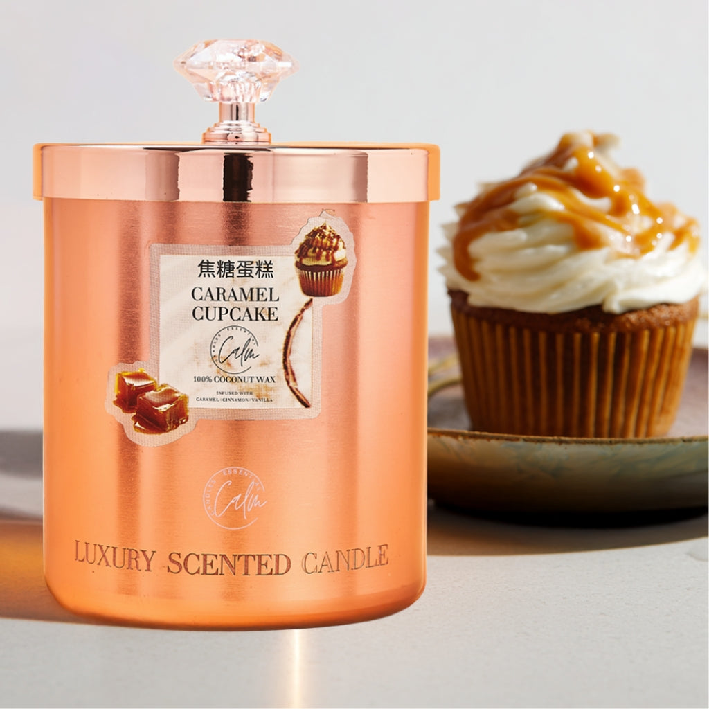 Caramel Cupcake Rose Gold Metallkerzen-Kollektion | Hergestellt mit Premium-Kokoswachs & Kirschholzdocht bis zu 60+ Stunden Brenndauer - Calm Candles Essential