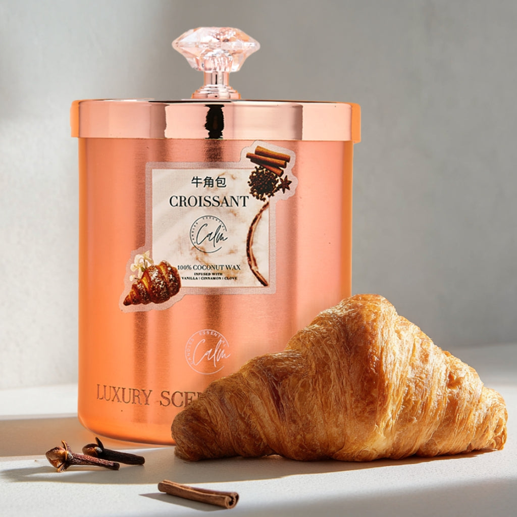 Calm Candles Essential – Croissant Rose Gold Velvet Collection (11oz / 350ml)  | Made with Premium Coconut Wax & Cherry Wooden Wick