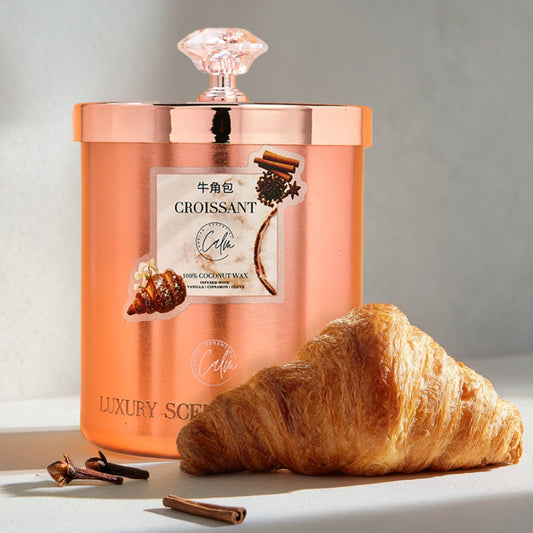 Calm Candles Essential – Croissant Rose Gold Velvet Collection (11oz / 350ml)  | Made with Premium Coconut Wax & Cherry Wooden Wick