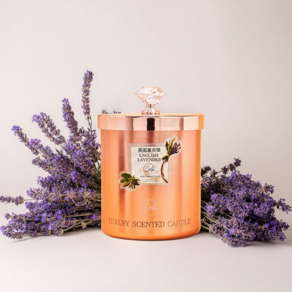 Englische Lavendel Roségold Metall Kerzenkollektion | Hergestellt mit Premium-Kokoswachs & Kirschholzdocht bis zu 60+ Stunden Brenndauer – Ruhige Kerzen Essentiell