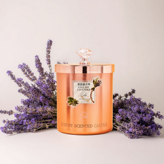 Calm Candles Essential – 11oz / 350ml English Lavender Rose Gold Metal Velvet Collection | Made with Premium Coconut Wax & Cherry Wooden Wick