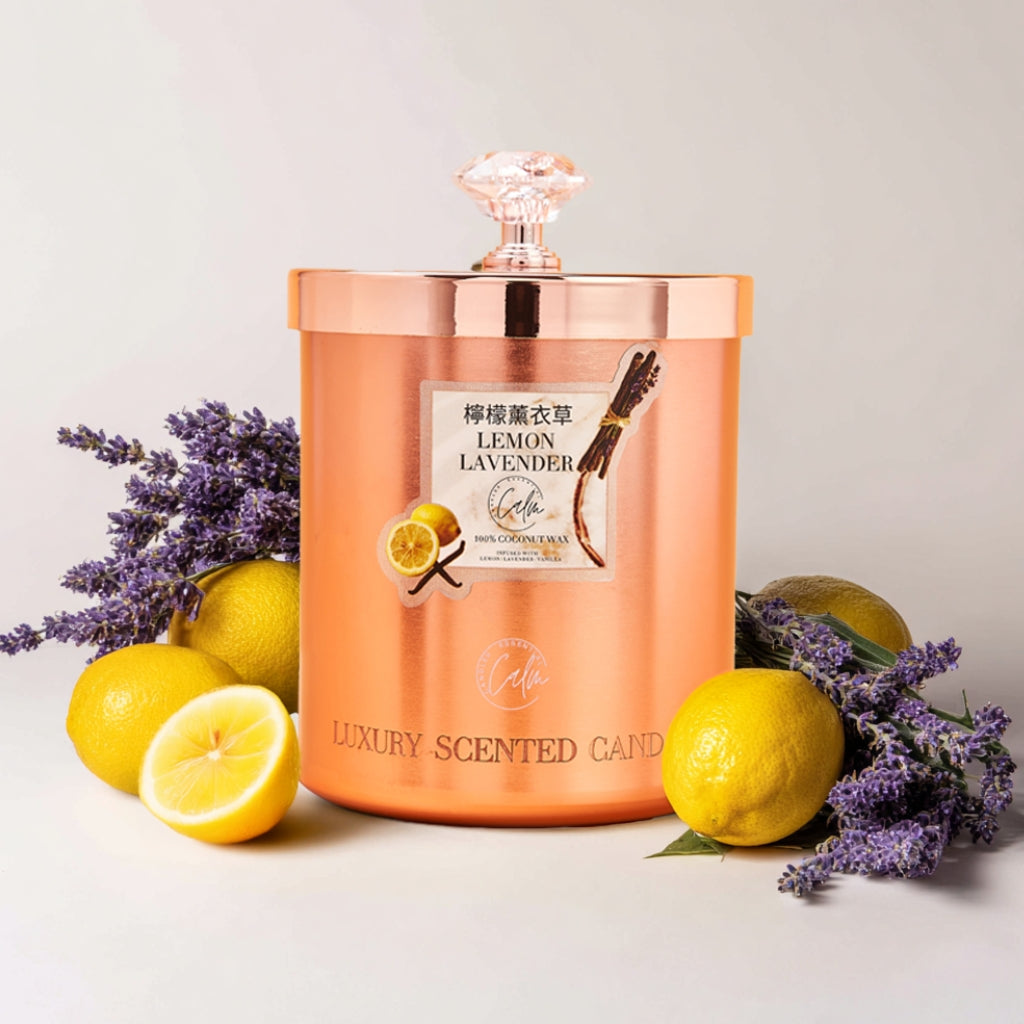 Zitronen- und Lavendel-Roségold-Metallkerzenkollektion | Hergestellt aus hochwertigem Kokosnusswachs und Kirschholzdocht für bis zu 60+ Stunden Brenndauer – Calm Candles Essential