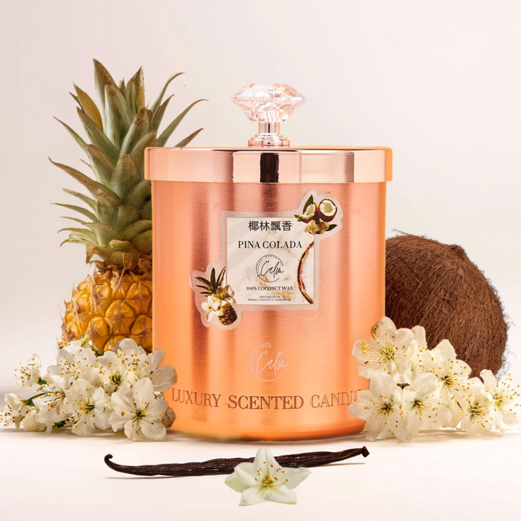 Piña Colada Roségold-Metallkerzen-Kollektion | Hergestellt mit Premium Kokosnusswachs & Kirschholzdocht Bis zu 60+ Stunden Brenndauer - Calm Candles Essential
