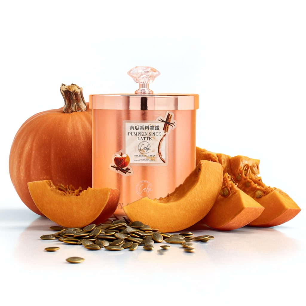 Pumpkin Spice Latte Rose Gold Metall Kerzenkollektion | Hergestellt aus hochwertigem Kokosnusswachs und Kirschholzdocht Bis zu 60+ Stunden Brenndauer - Calm Candles Essential